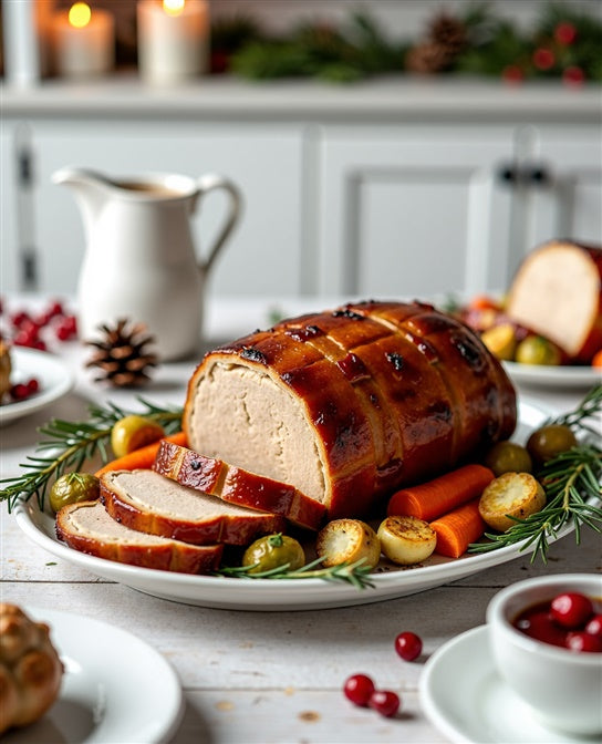 Seitan-Braten mit Ofengemüse und Bratensauce