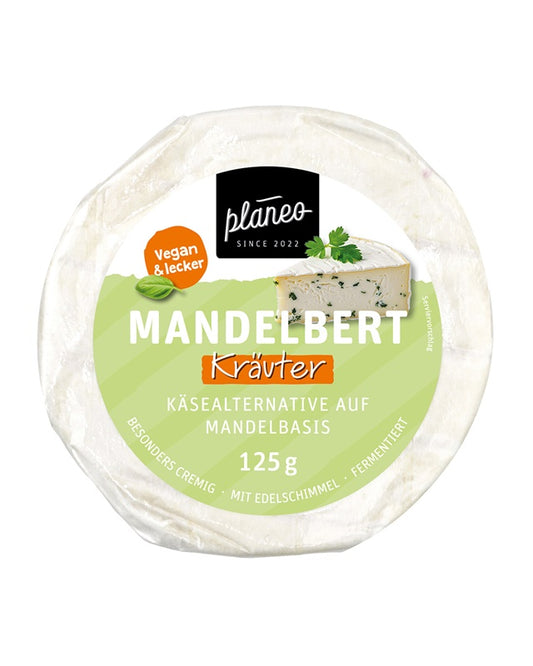 Der Mandelbert - Kräuter von planeo ist unsere beliebte vegane Käsealternative veredelt mit frischen Kräutern.