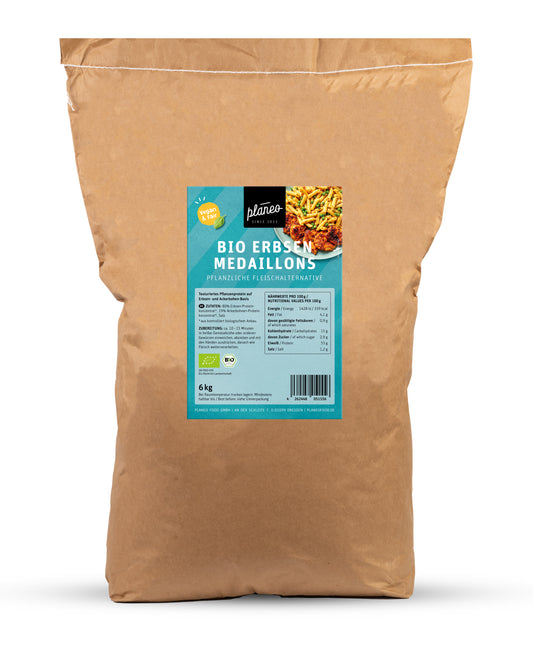 Der Vorrats-Sack 6kg Bio Erbsen-Medaillons von planeo ist die ideale Begleitung für deine Großküche!