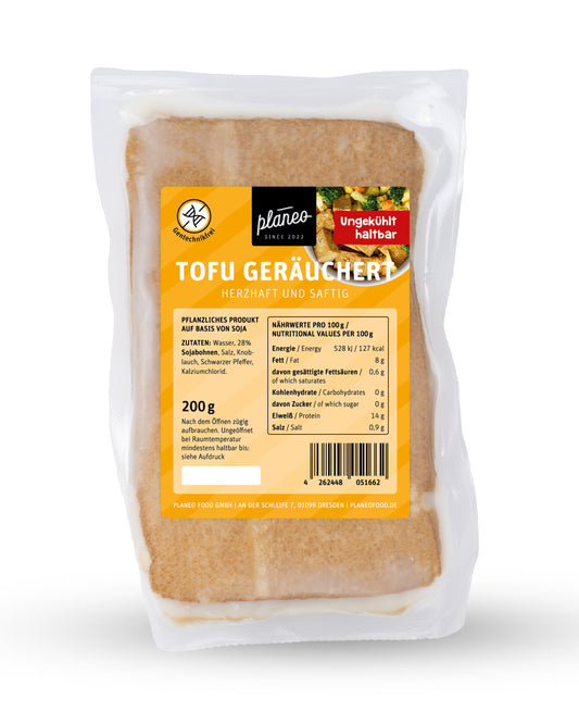 Der neue Tofu Geräuchert 200g von planeo  ist die ideale, vegane Fleischalternative, die vielen Gerichten das gewisse Etas gibt.