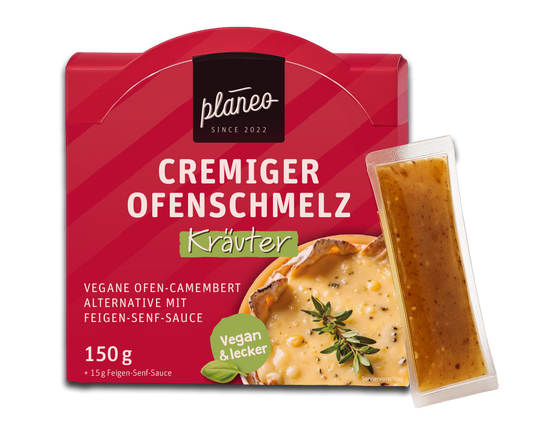 Veganer Ofenkäse von planeo - der Cremige Ofenschmelz Kräuter mit Feigen-Senf-Dip!