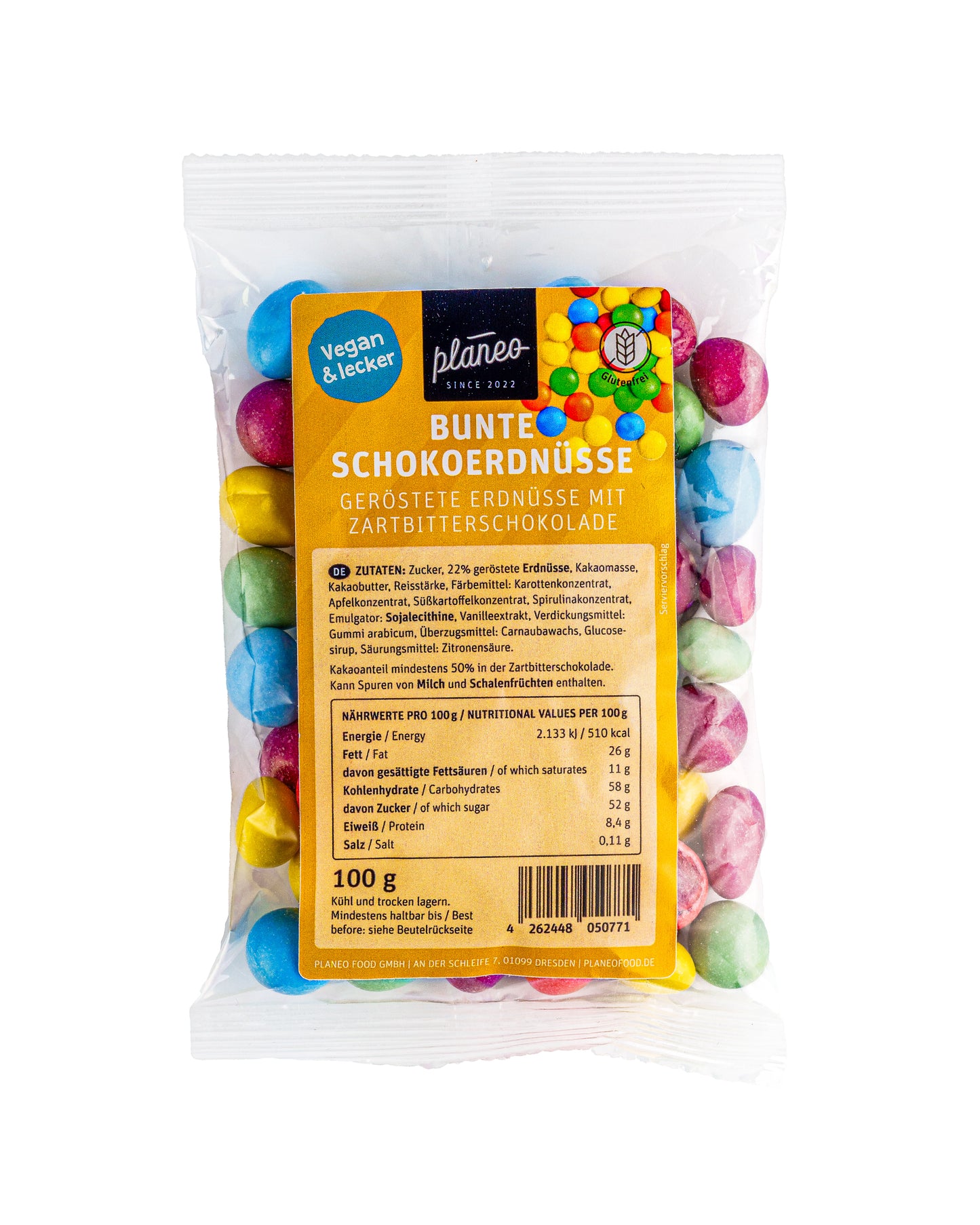 Die Bunten Schoko-Erdnüsse 100g von planeo sind der ideale Snack für zwischendurch.