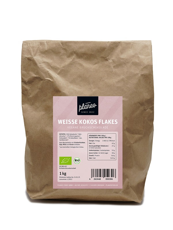 Bio vegane Bruchschokolade Weiße Kokos Flakes lecker und günstig bei planeo kaufen!