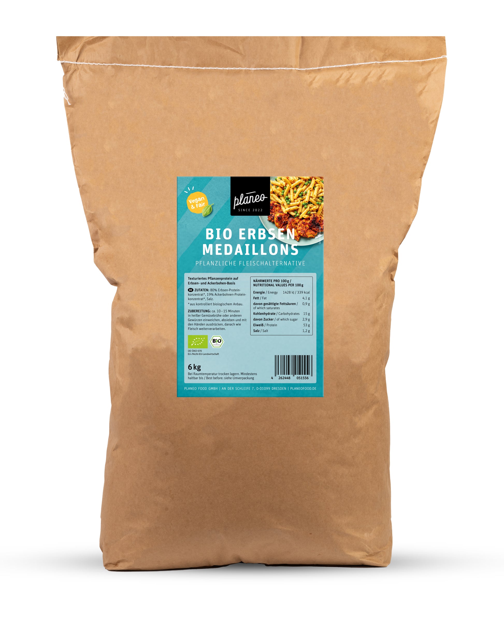 Der Vorrats-Sack 6kg Bio Erbsen-Medaillons von planeo ist die ideale Begleitung für deine Großküche! 