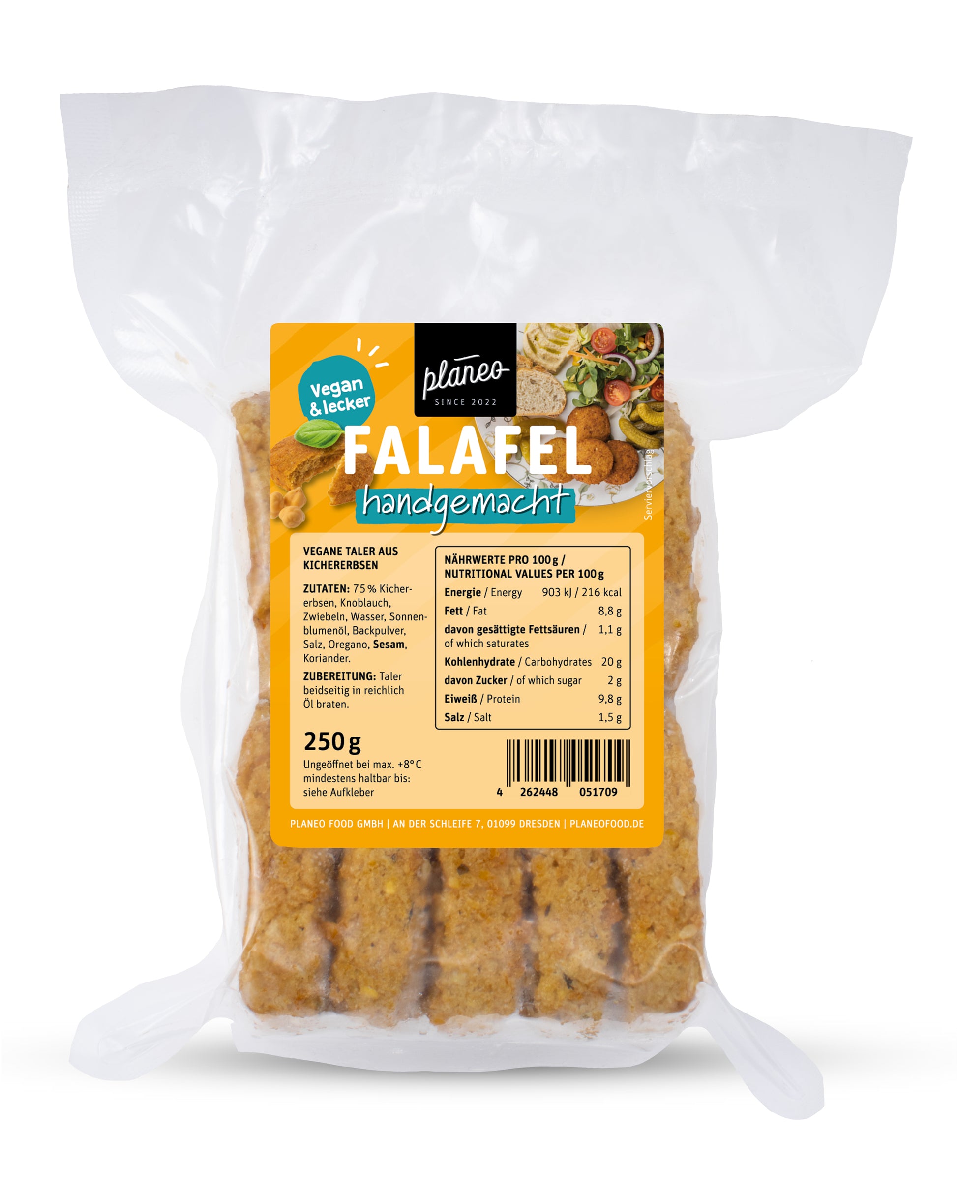  Die Falafel 250g von planeo sind ein tolle vegane Alternative auf Kichererbsenbasis und geben Euren Gerichten den orientalischen Kick. 
