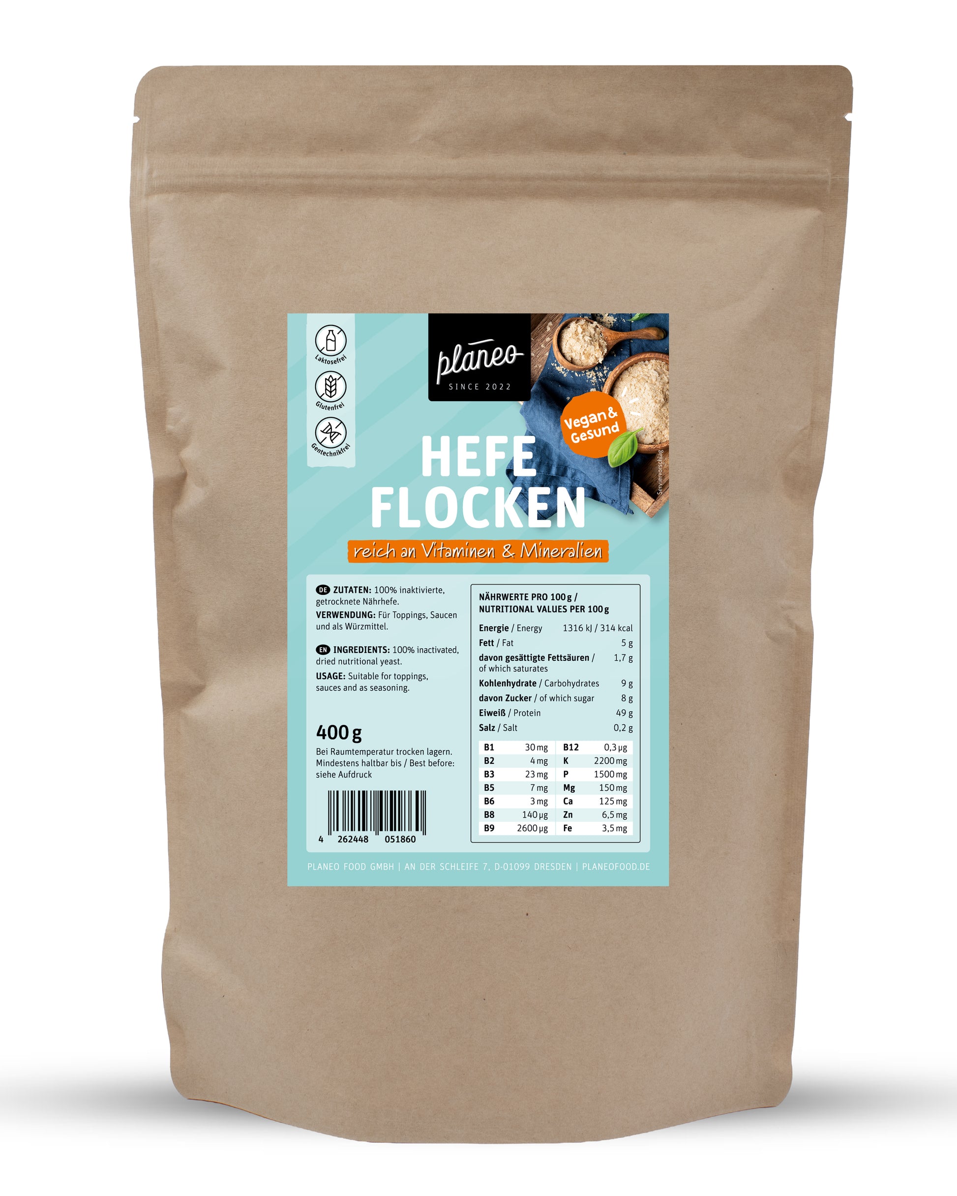 Die veganen Hefeflocken 400g von planeo sind super lecker, knusprig, voller Vitamine und Mineralstoffe und m wieder verschließbaren Papierbeutel, damit die Hefeflocken lange frisch und knackig bleibt.