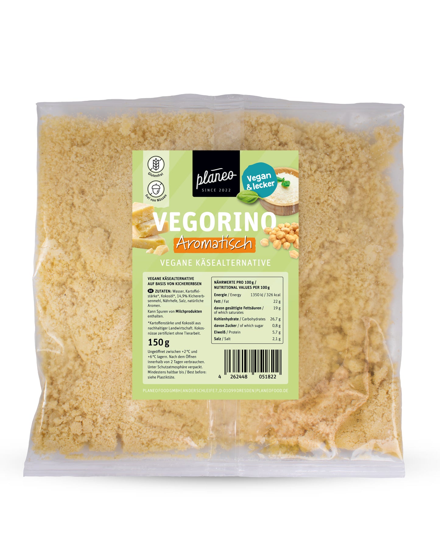 Der Vegorino von planeo ist eine herrliche, vegane Parmesan-Alternative auf Basis von Kichererbsen und besteht nur aus besten Zutaten.