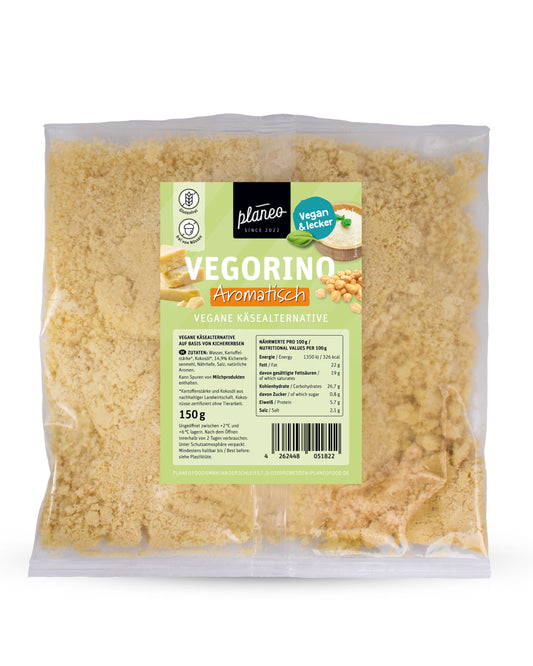 Der Vegorino von planeo ist eine herrliche, vegane Parmesan-Alternative auf Basis von Kichererbsen und besteht nur aus besten Zutaten.